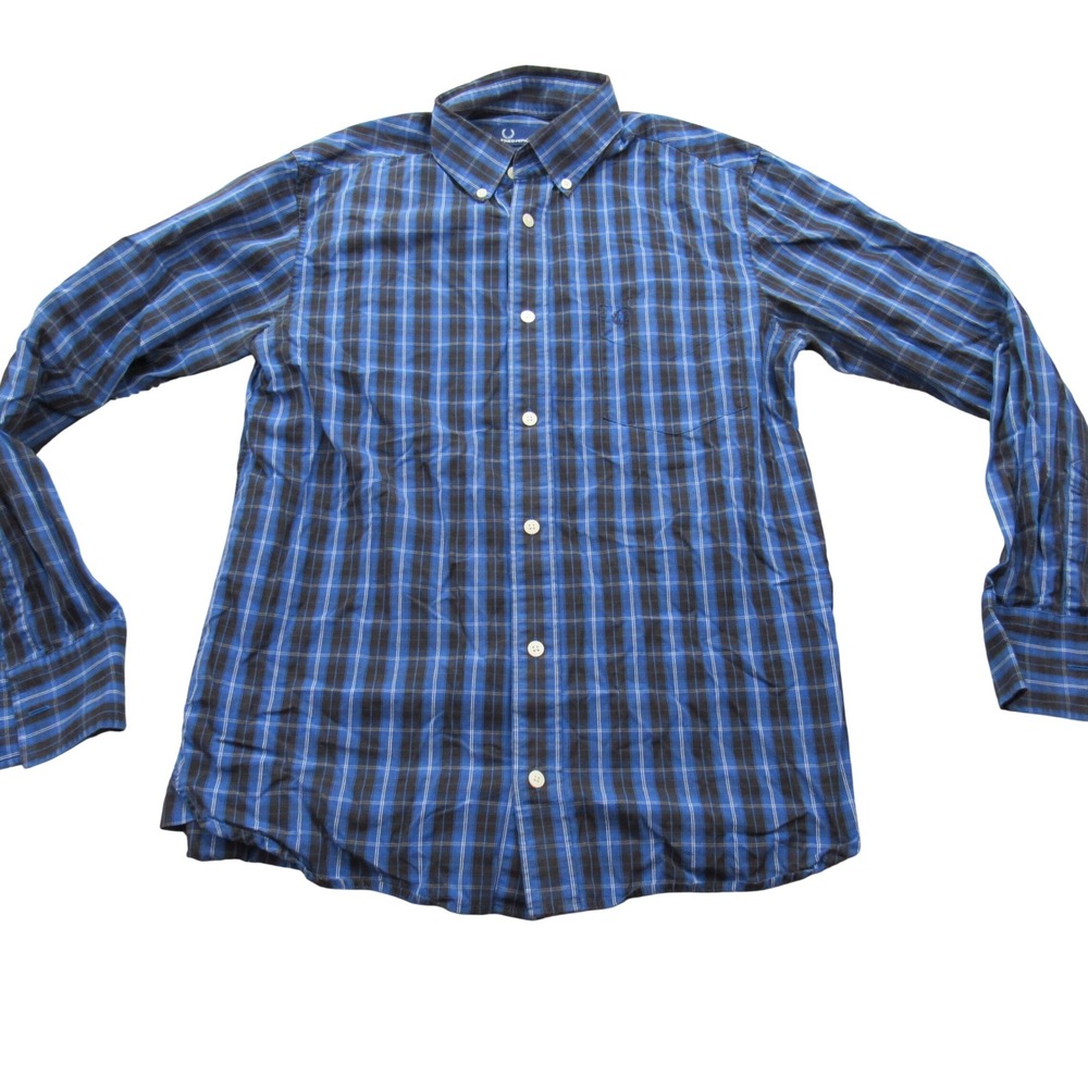 Fred Perry Mens Blue Black Plaid Long Sleeve Button Down Shirt Size S‎